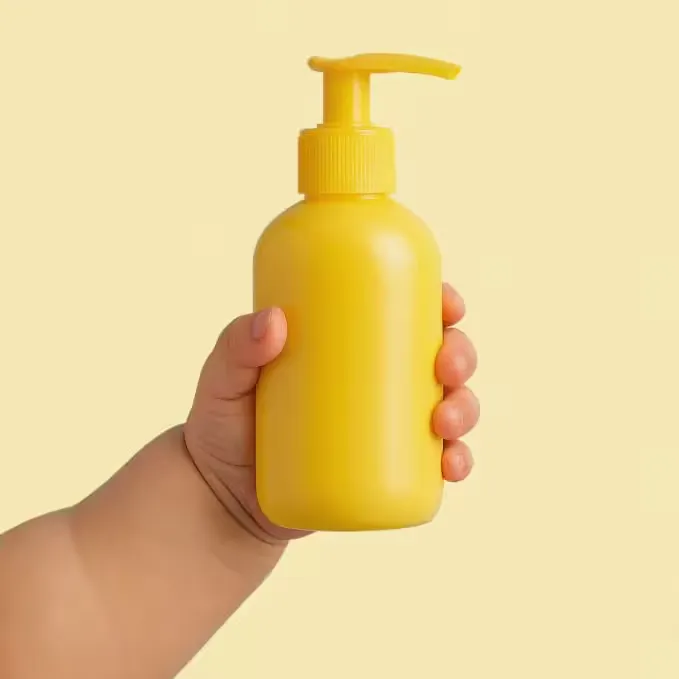 Mână de bebeluș lângă ambalaje de săpun lichid - cantitatea lunară de microplastic