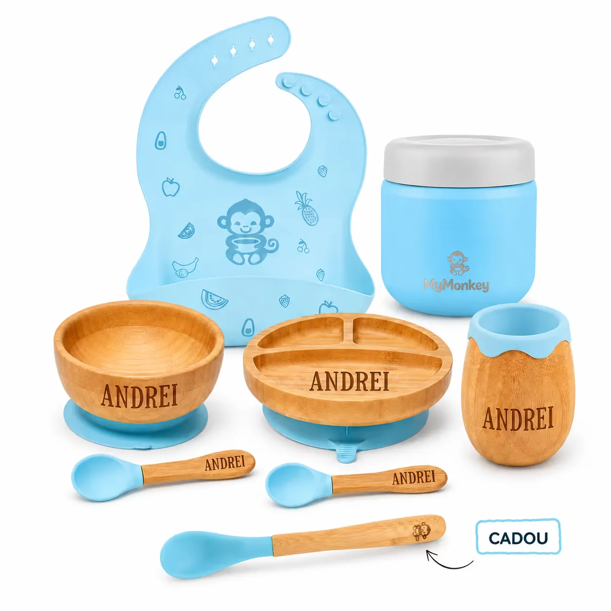 Set complet MyMonkey: vas, farfurie, cană din bambus, termos pentru hrană și bavetă