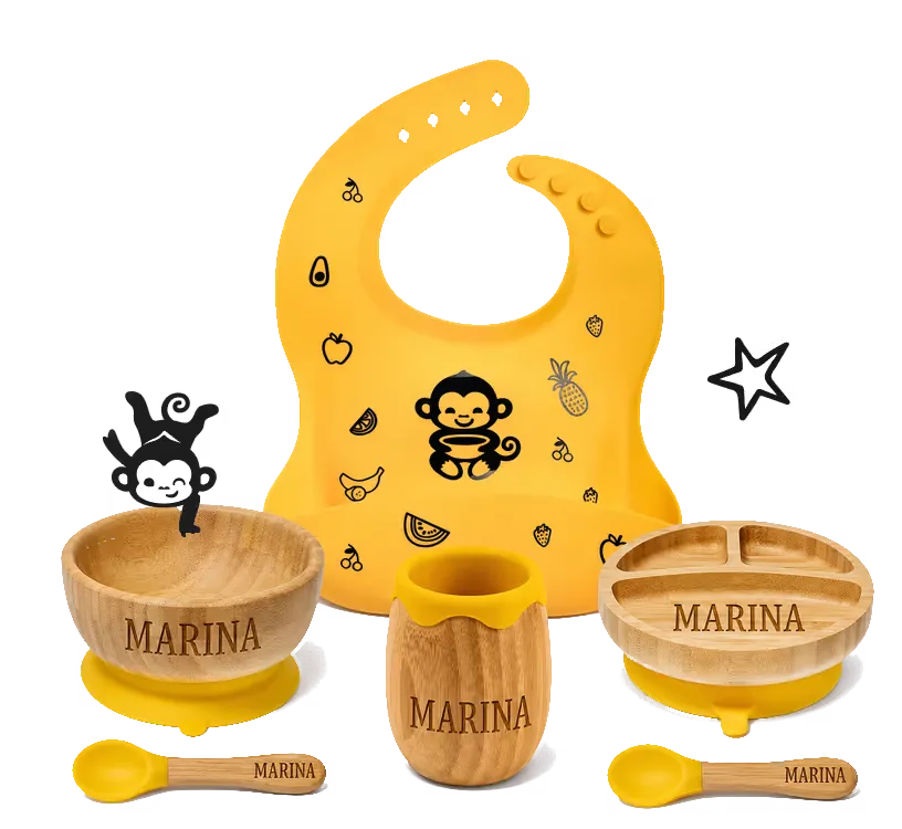 Set de hrănire personalizat MyMonkey: boluri din bambus cu nume, lingurițe și baveta din silicon